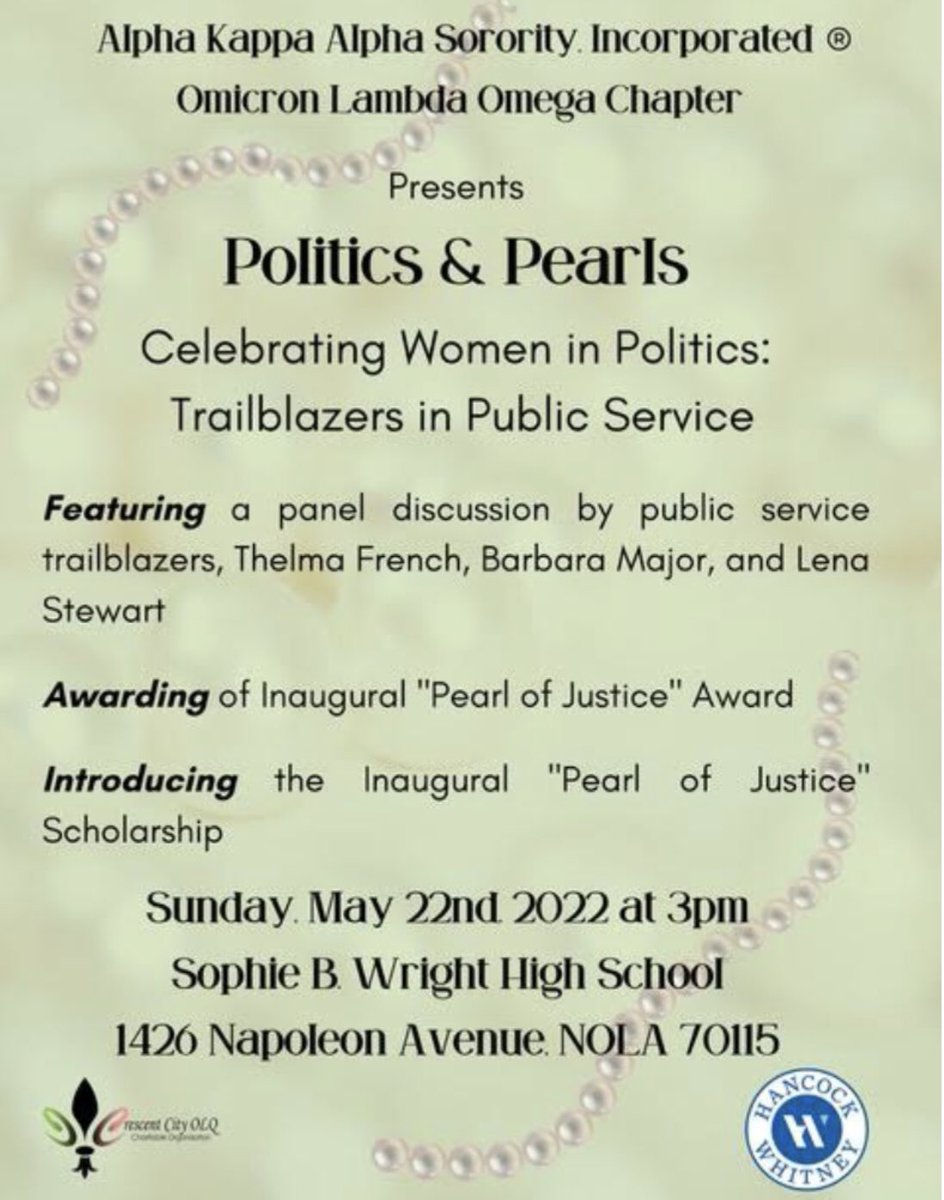 Tune in tomorrow to  "The Reality Check" with Gerod Stevens on WBOK 1230 AM Radio, to hear about our upcoming Politics &amp; Pearls event taking place on Sunday, May 22, 2022 at 3 pm at Sophie B Wright High School 1426 Napoleon Avenue, NOLA
#AKAOLQPoliticAndPearls
#AKA1908