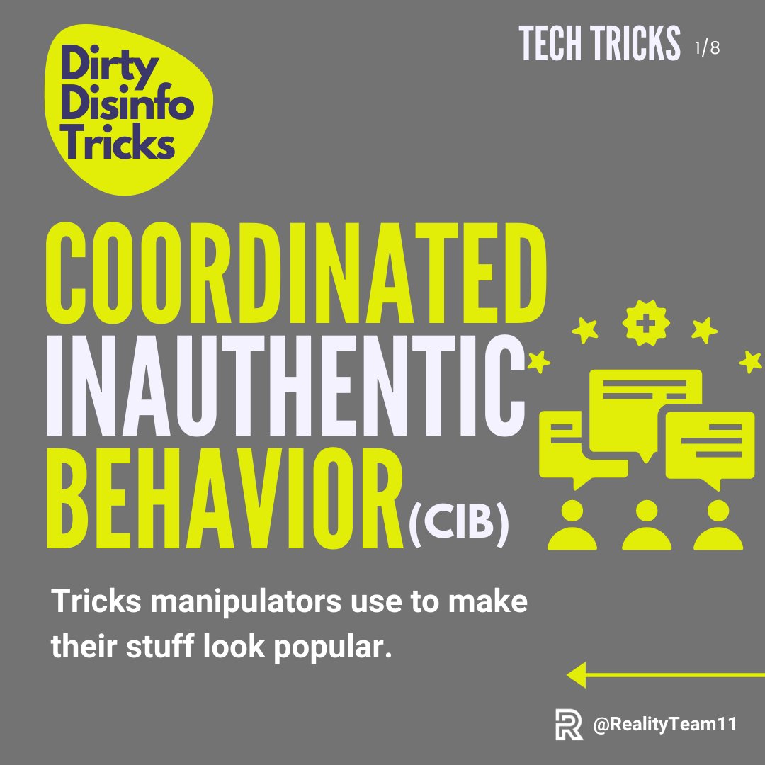 RealityTeam11's tweet photo. #DirtyDisinfoTrick Coordinated Inauthentic Behavior (CIB) : How bad actors use bots to make stuff look popular.  #Thread 1/8 https://t.co/r4pHNPDM1J
