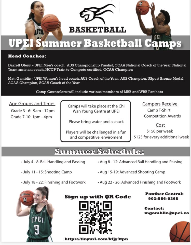 Still accepting registration for our <a href="/UPEIPanthers/">UPEI Panthers</a> summer basketball camps. <a href="/UPEIMBasketball/">UPEI Men's Basketball</a> <a href="/UPEIWBasketball/">UPEI Women's Basketball</a>