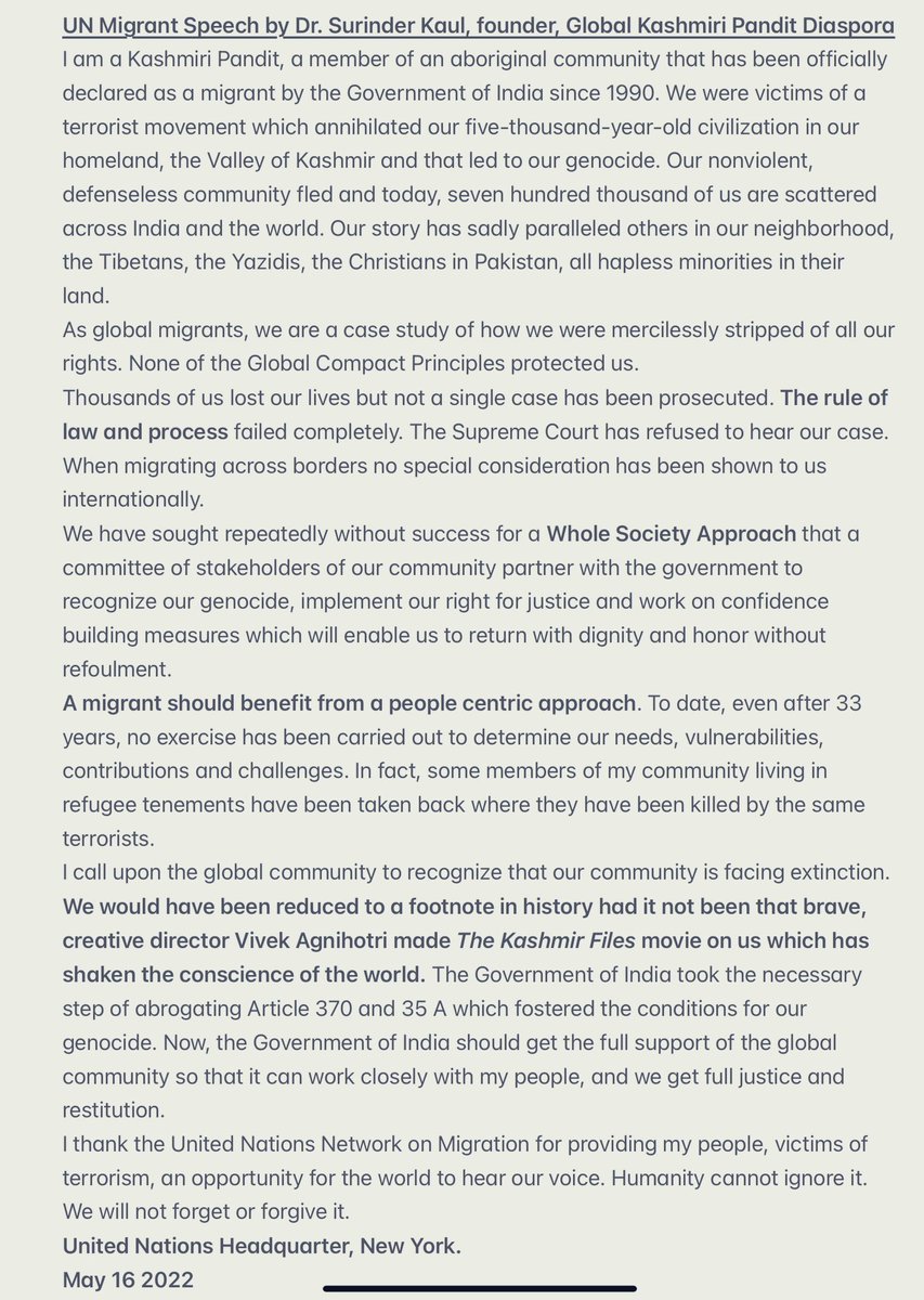 Here is the text of the UN Migrant Speech by <a href="/surinderkauldr/">Surinder Kaul</a> founder, <a href="/kp_global/">Global KP Diaspora (GKPD)</a> at the <a href="/UN/">United Nations</a> headquarters yesterday.