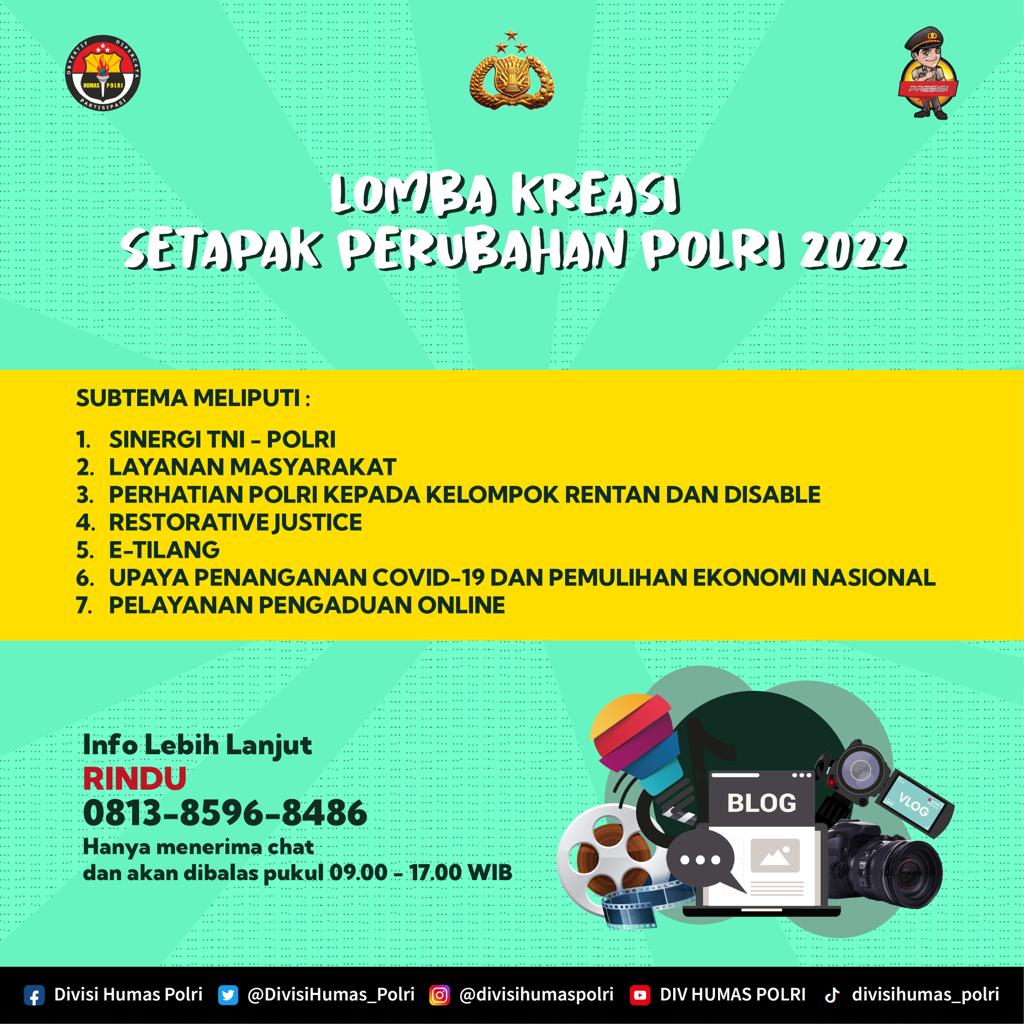 Udah ikutan lomba kreasinya blm nih kamu, kalau blm mumpung masih ada waktu nih, gass pada daftar .
#SetapakPerubahanPolri2022
Lomba Karya Kreatifitas
