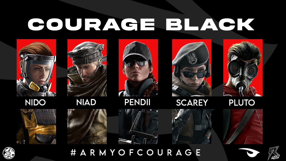 Let's give a warm welcome to our brand new team called Courage Black!! #armyofcourage #havecourage #razerebellion

<a href="/KidScarey/">Andrew 🤴</a> 
@PendiiGG 
<a href="/NotNiad/">Niad</a> 
<a href="/NidoR6s/">Nido🇨🇦</a> 
<a href="/Pluto_R6s/">Pluto</a>