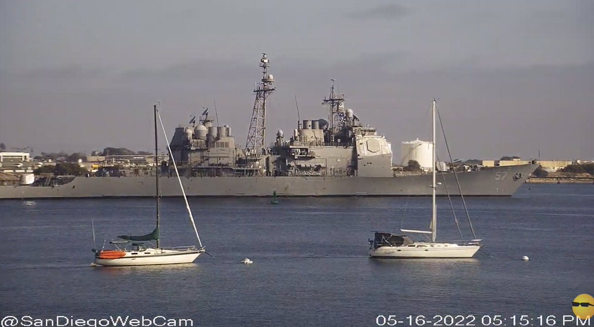 WarshipCam's tweet photo. USS Lake Champlain (CG 57) Ticonderoga-class guided missile cruiser leaving San Diego - May 16, 2022 #usslakechamplain #cg57 https://t.co/xBwIlEMVNN