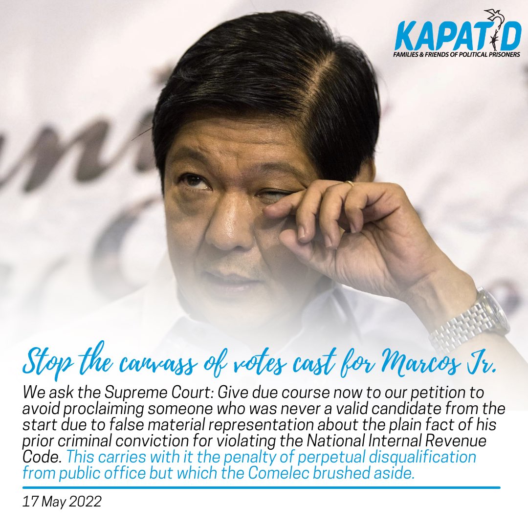 kapatidPP's tweet photo. Despite the dismissal of their appeals by the Comelec, petitioners who sought the cancelation of the COC of Marcos Jr. are not giving up their fight as they seek to restrain the canvassing of his votes and proclamation in a petition they have filed at the Supreme Court. https://t.co/YIkDGMZAo7
