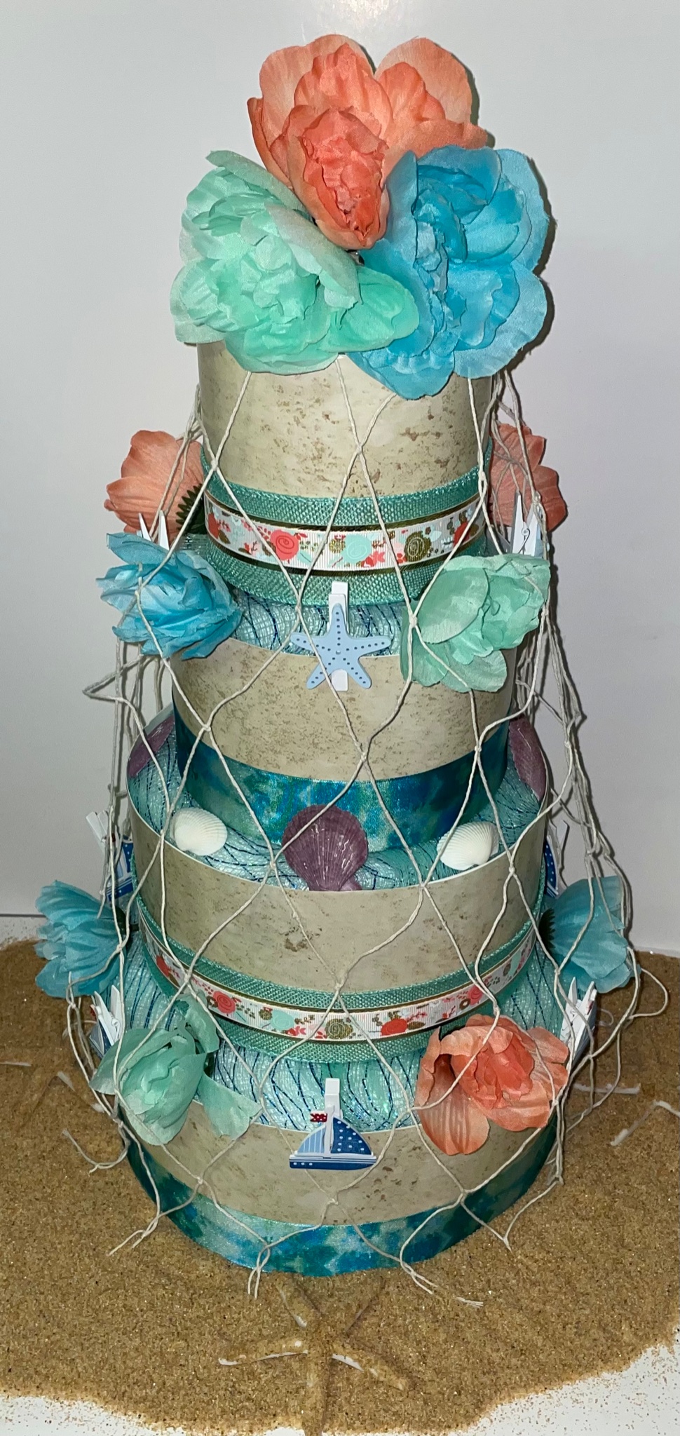 ReadyMadeDiaperCakes on X: Summer Seaside Tropical Ocean Beach Themed Baby  Shower 4 Tier Diaper Cake Gift  #handmade #babyshower  #babygift #partydecor #momtobe  / X