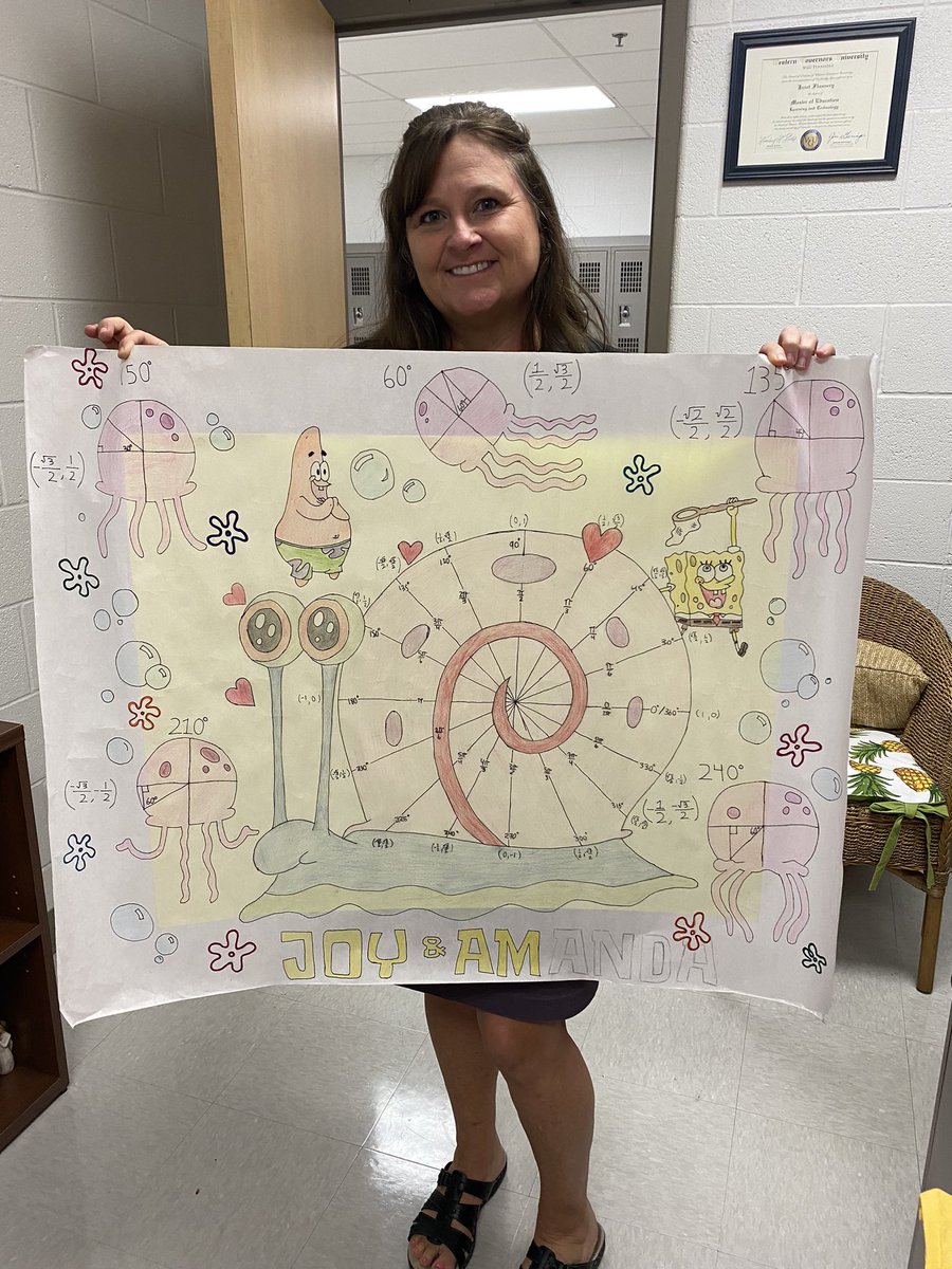 Mrs_FlanFlan's tweet photo. Ending the year strong with creative applications of their Math learning. Unit circle Sponge Bob π€£ Great job Ms Reed! SCHS Math rocks!!!! @drclarkharrell @stewartscreekhs #bestmathteam https://t.co/Lr5N3bkrCD