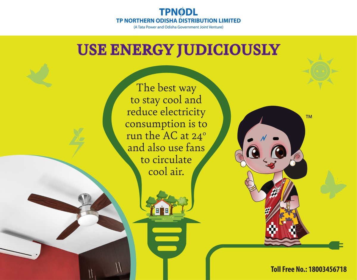 tpnodl_odisha's tweet photo. Roshni says run your AC at 24 degrees along with fan to save energy. Due to the air movement caused by fans, you’ll begin to feel cooler even after you’ve increased the temperature on your AC! 
#ListenToRoshni #TPNODL #EnergyConservationTips #SaveElectricity #SafeCustomerHappyUs https://t.co/e0AtB0fmcF