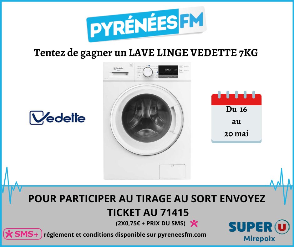 PyreneesFM's tweet photo. [JEU] Tentez de remporter votre linge linge pour le grand ménage de printemps avec Pyrénées FM et Super U MIREPOIX.
Envoyez TICKET au 7.14.15*
Sélectionnez un numéro de caisse entre 1 et 7 à 8h40 et 17h40.
Vous avez le bon numéro ? Vendredi à 9h20, c'est gagné !
*0.75Eur X 2+SMS https://t.co/cabtHb5cp0
