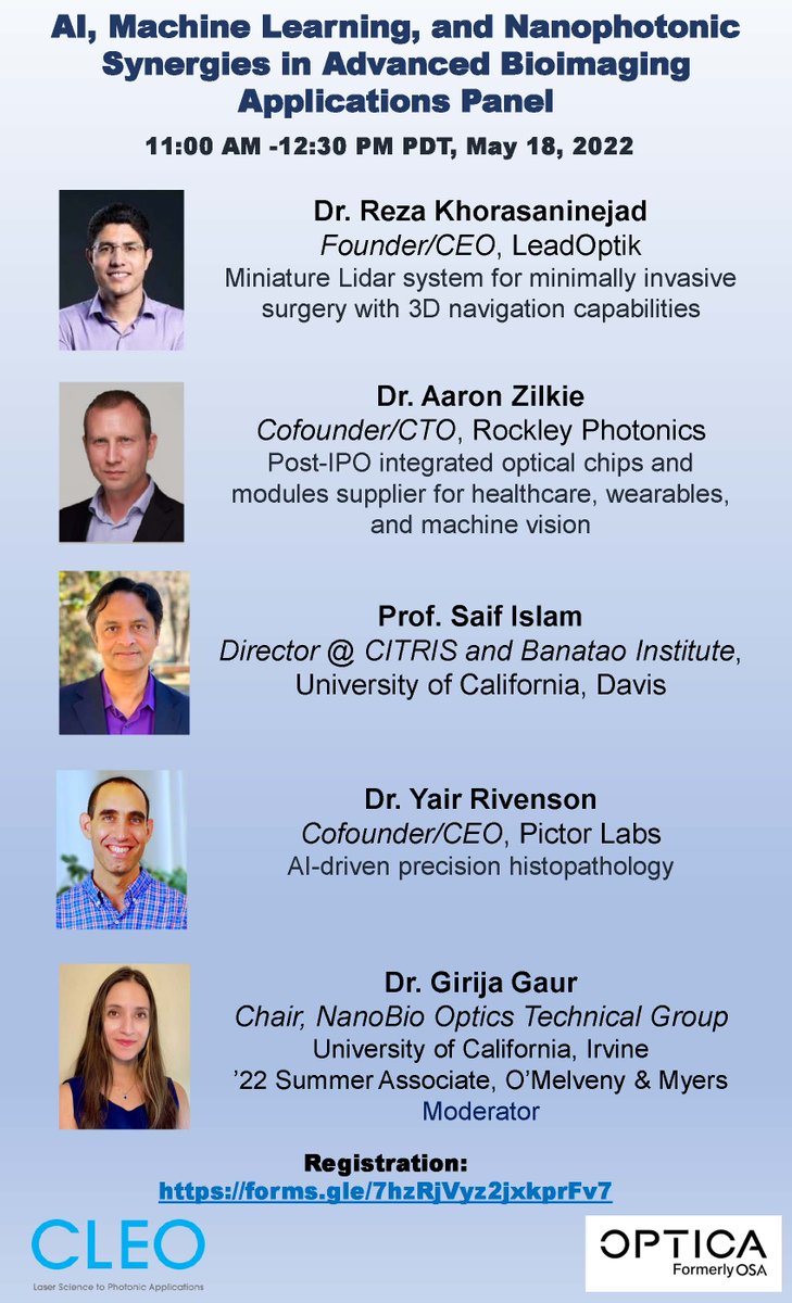 saifislam's tweet photo. CLEO attendees: Please join me for an AI, machine learning + and nanophotonics panel discussion with Drs. Aaron Zilkie, Reza Khorasaninejad, and Yair Rivenson.
Hybrid attendance, in-person at Room 210E and Zoom registration at https://t.co/CIts3OdTIX. https://t.co/fB1GGTUuK5