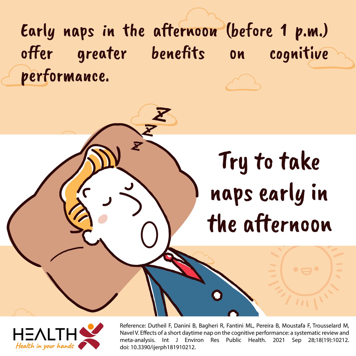 My_Health_X's tweet photo. To reap the most benefits, try to take naps early in the afternoon and keep them under 30 minutes.
#HealthX #HealthMatters #Nap #DaytimeNap #Sleep #SleepMedicine #CognitivePerformance #Memory #Alertness #ExecutiveFunctions #BrainHealth #Health #Wellness https://t.co/DTssc2OWoN