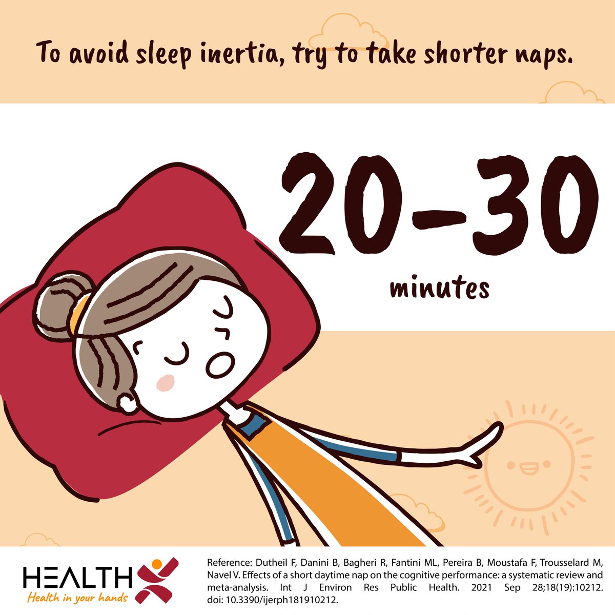 My_Health_X's tweet photo. To reap the most benefits, try to take naps early in the afternoon and keep them under 30 minutes.
#HealthX #HealthMatters #Nap #DaytimeNap #Sleep #SleepMedicine #CognitivePerformance #Memory #Alertness #ExecutiveFunctions #BrainHealth #Health #Wellness https://t.co/DTssc2OWoN