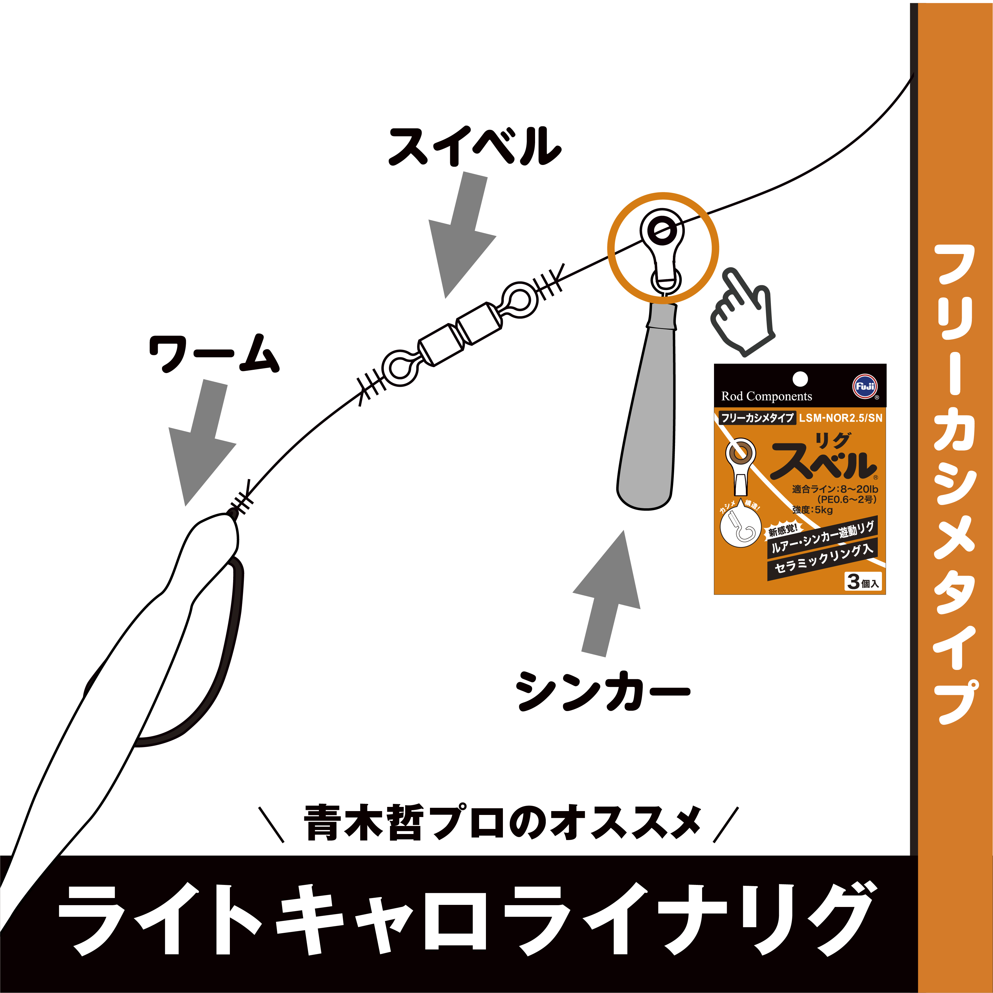 富士工業株式会社 Fuji Tackle フリーカシメタイプ でライトキャロライナリグ 青木哲プロのおすすめ 最もコンパクトで軽量なリグスベル 魚に違和感を与えたくない時 適度なスタックが必要な時に使用しています G Aoki 青木哲 擬似餌屋