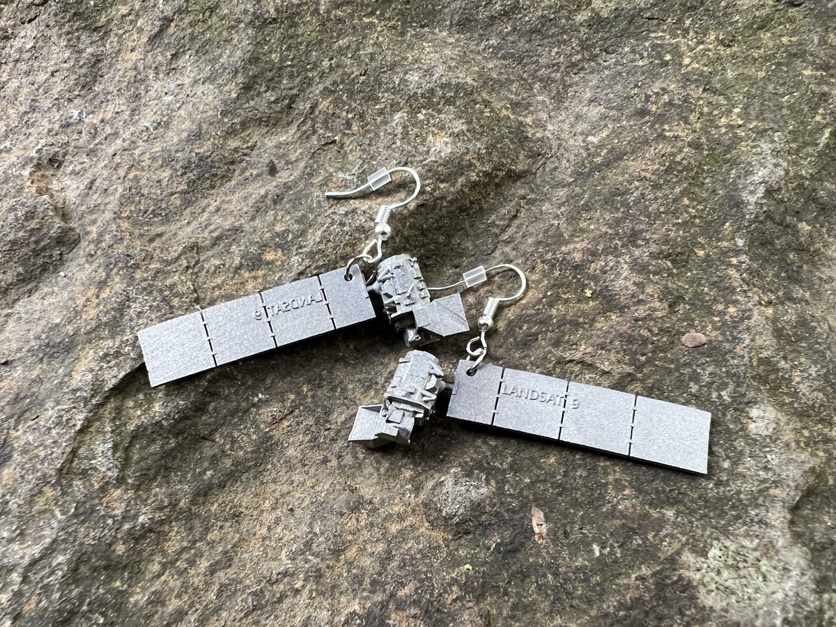 Kayla_Hubbard's tweet photo. Spent way too long looking for satellite earrings on Etsy… couldn’t find any, so with a little help, I made my own! 3D-printed, titanium Landsat-9 (@NASA_Landsat) earrings made using a model from @NASA! 🛰 https://t.co/eWupnF4uOK