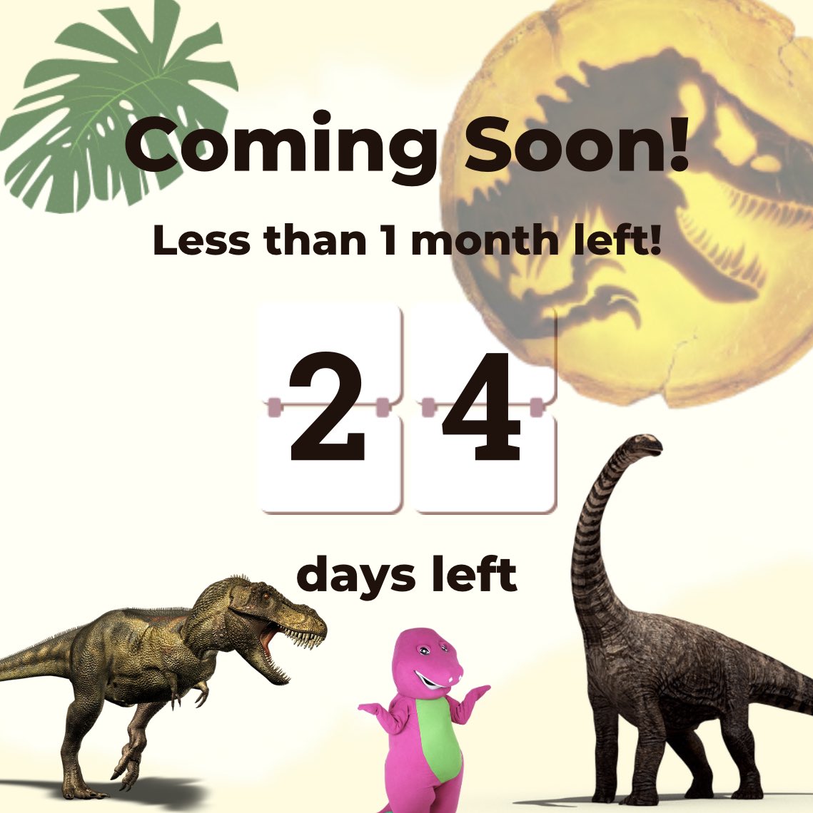 BossMedia027's tweet photo. 24 days left till Jurassic World: Dominion get release in all theaters &amp; cinemas in Singapore! Be the 1st one to watch the movie! 📽️🦖

#dinosaur #movie #jurassicworlddominion #jurassicworld #jurassic #countdown https://t.co/8lDzcBFxpG