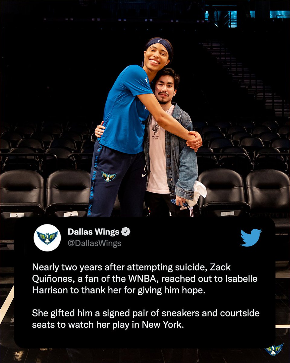 espnW's tweet photo. Deeper than a game 💙 @OMG_itsizzyb 

📸: @DallasWings 

If you or someone you know needs help, contact the National Suicide Prevention Lifeline at 1-800-273-TALK (8255). https://t.co/CNdH1hp45H