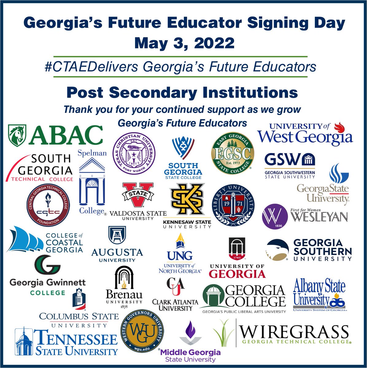 GeorgiaCTAE's tweet photo. #CTAEDelivers Real Opportunities for College and Rewarding Careers! #gaeducatorssigningday22
#gafutureeducator https://t.co/09CmqvzB0a