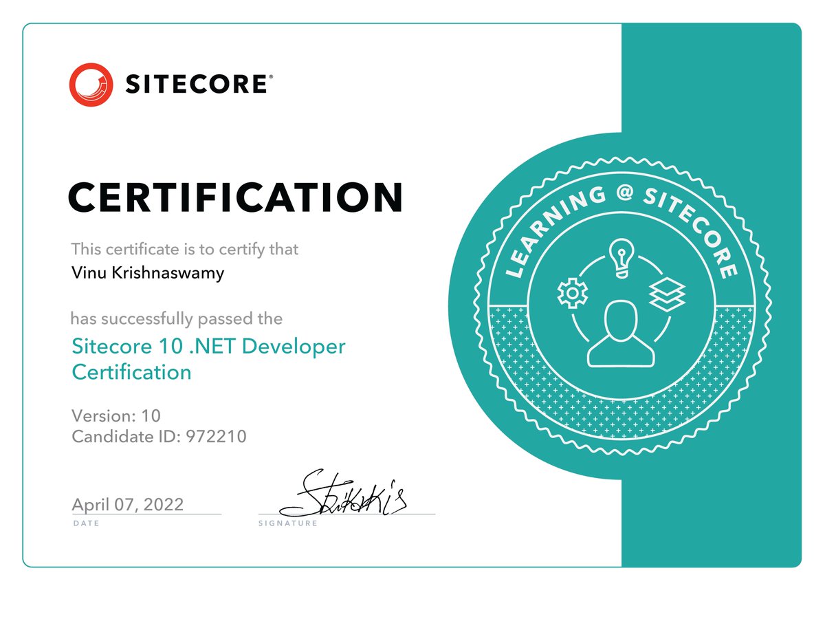 vinuchandar's tweet photo. Alright... it is my turn to share my #sitecore #certifications. Took me longer than I care to admit but here they are "Sitecore 10 .Net Developer Certification" and "Sitecore Content Hub Administrator Certification" under my belt. Learned a lot!! https://t.co/FF7nRQoioR