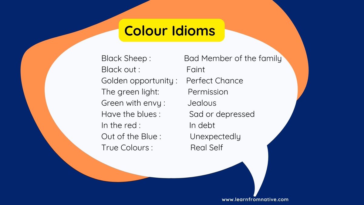 LearnFromNative's tweet photo. Time to learn Idioms, this time let's learn and understand colour idioms

#learnfromnative #idioms #colours #colouridioms #eslonline #esl #English #learnenglishonline https://t.co/bNMpYjZjit