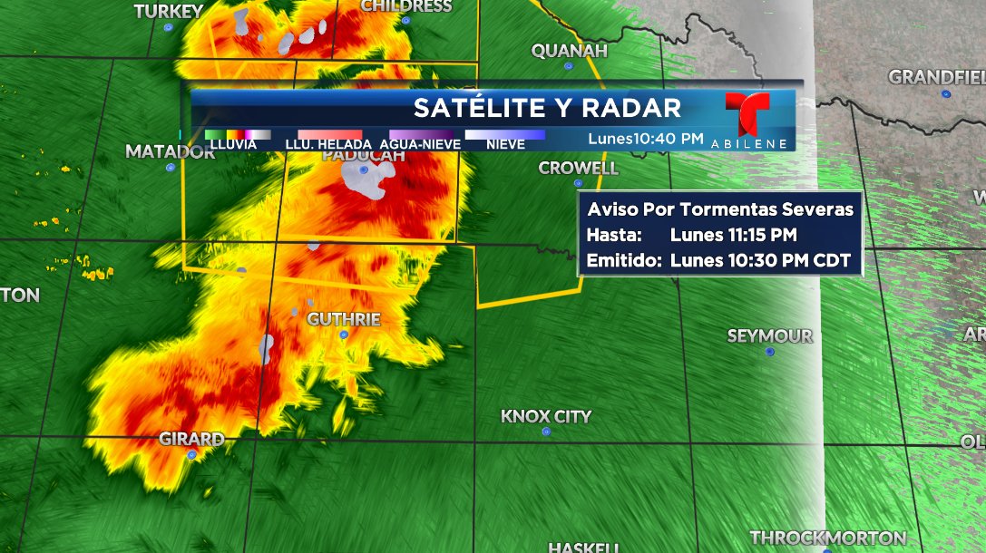 SusanaAguayo12's tweet photo. Alerta por tormenta severa para partes del condado Knox hasta las 11:15 p.m. Esta tormenta se mueve hacia el este a 45 mph con ráfagas de viento de 70 mph y posible granizo del tamaño de un centavo. @TelemundoABI @bigcountryhome @ArimNeftali #txwx https://t.co/fWDEDESqDp