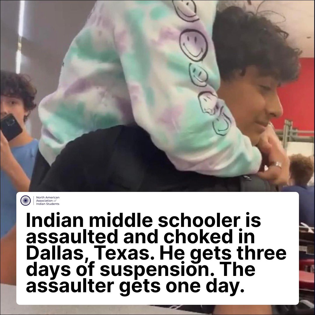 Disturbing footage of Shaan Pritmani, a middle school student, being assaulted and choked for over four minutes by a white student. 

The incident took place in a suburb of Dallas, Coppell Middle School. Shaan received three days of suspension while the assaulter received one day