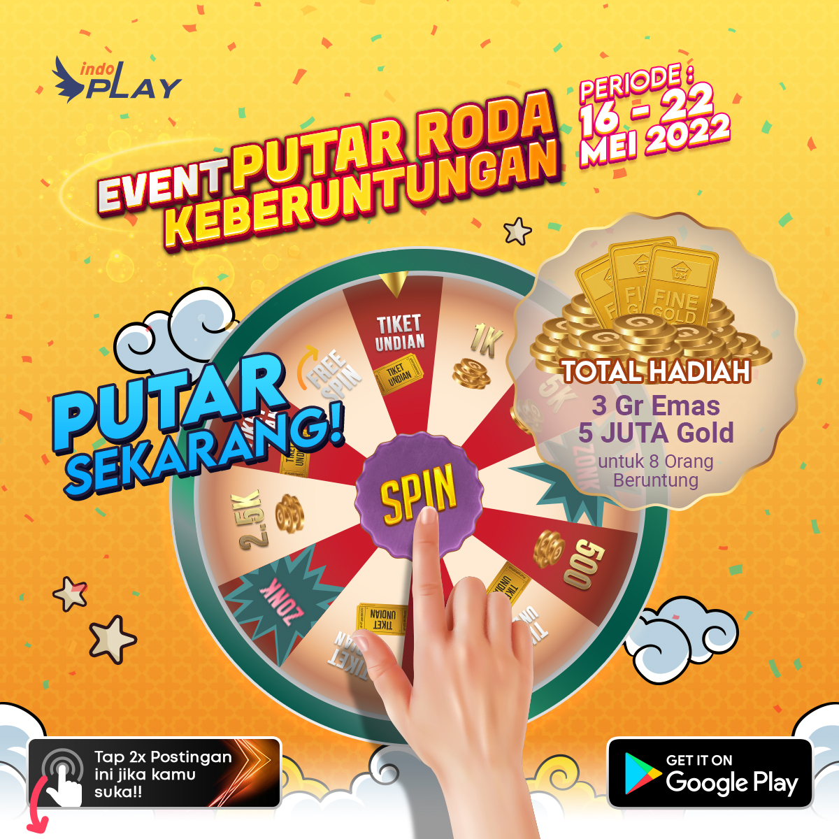 ind0PLAY's tweet photo. PUTAR RODA LEBARAN 🎉🎉
 
Putar roda lebaranmu dan menangkan HADIAH GOLD DAN TIKET UNDIAN! Dapatkan Tiket Undian untuk memenangkan 3 GRAM EMAS dan 5 JUTA GOLD!😱 Detail event:  https://t.co/vjWK3WcSCO

#Trending https://t.co/k3u34YSHad