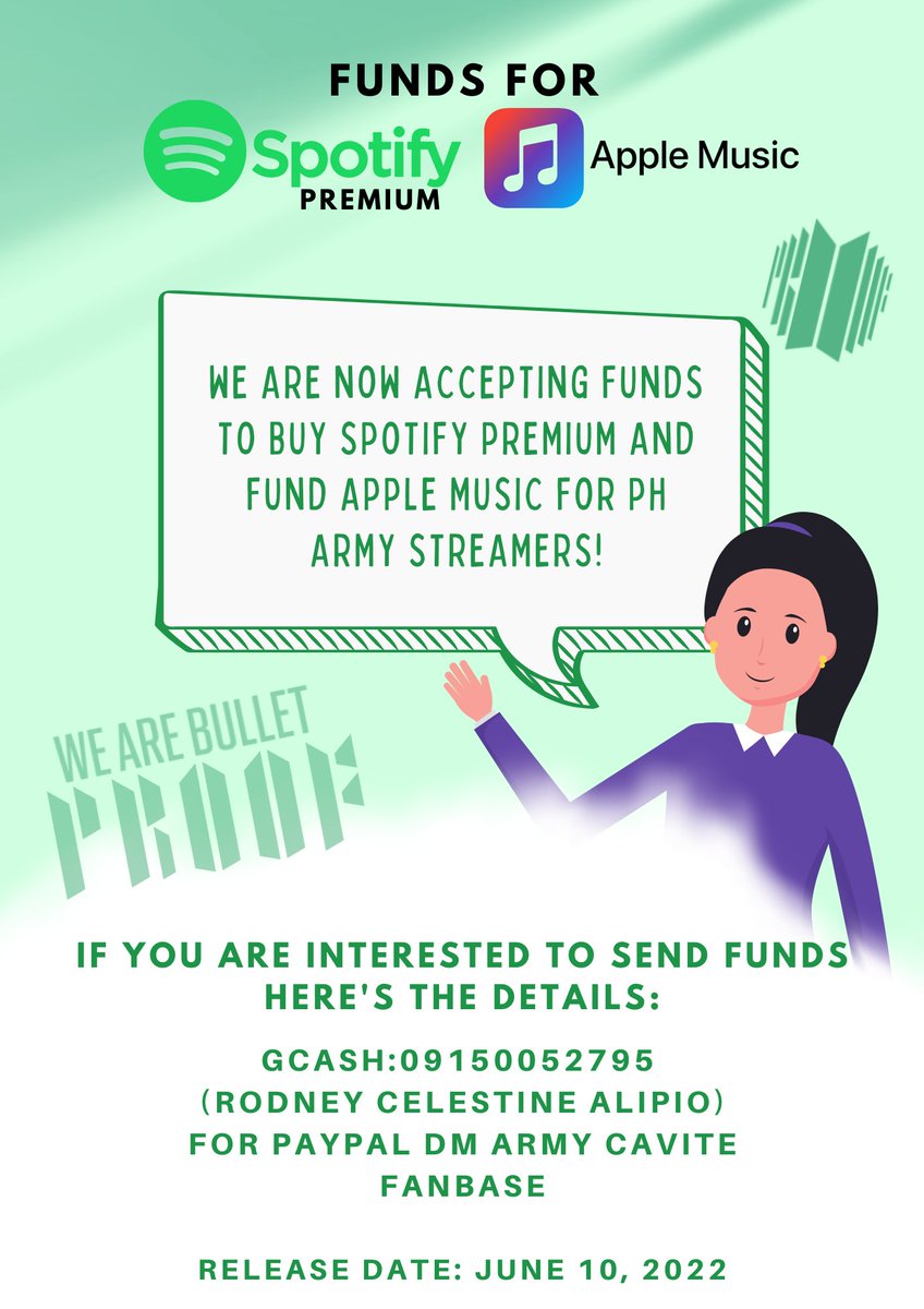 🇵🇭 PH ARMY You may now send your contributions to help us purchase Spotify Premium and fund Apple Music for our streaming team. Beneficiaries: @OnlyBangtanPH streaming team BVO & ACF streaming teams See attached poster 🔽 for the details or DM us for assistance. Thank you!💜