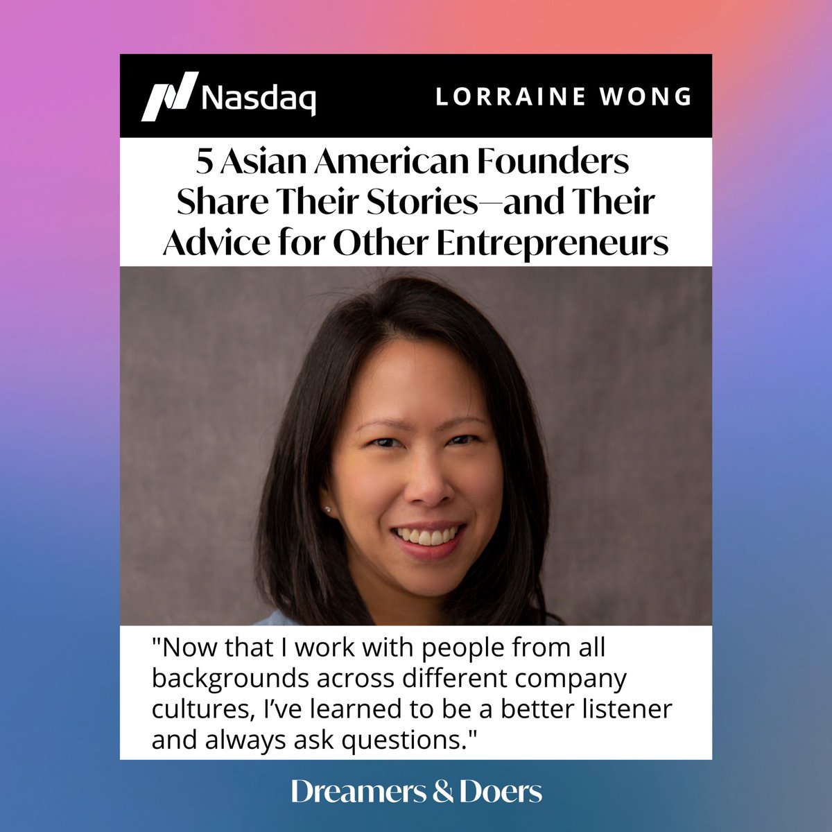 Proud to see our CEO &amp; founder, <a href="/elorrainewong/">Lorraine</a> in <a href="/Nasdaq/">Nasdaq</a>’s article, sharing her perspective alongside other incredible female founders in recognition of #AAPIHeritageMonth 

<a href="/dreamyhumans/">Dreamers & Doers</a> 

nasdaq.com/articles/5-asi…