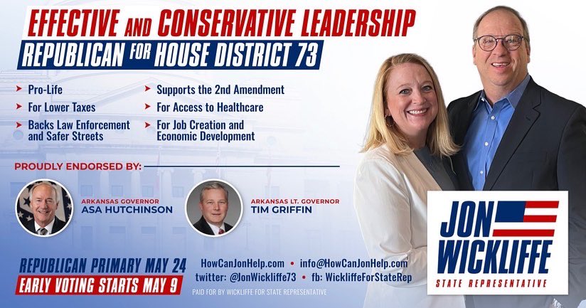 I am so honored to run for District 73. Please vote Jon Wickliffe May 24th in the Republican primary.