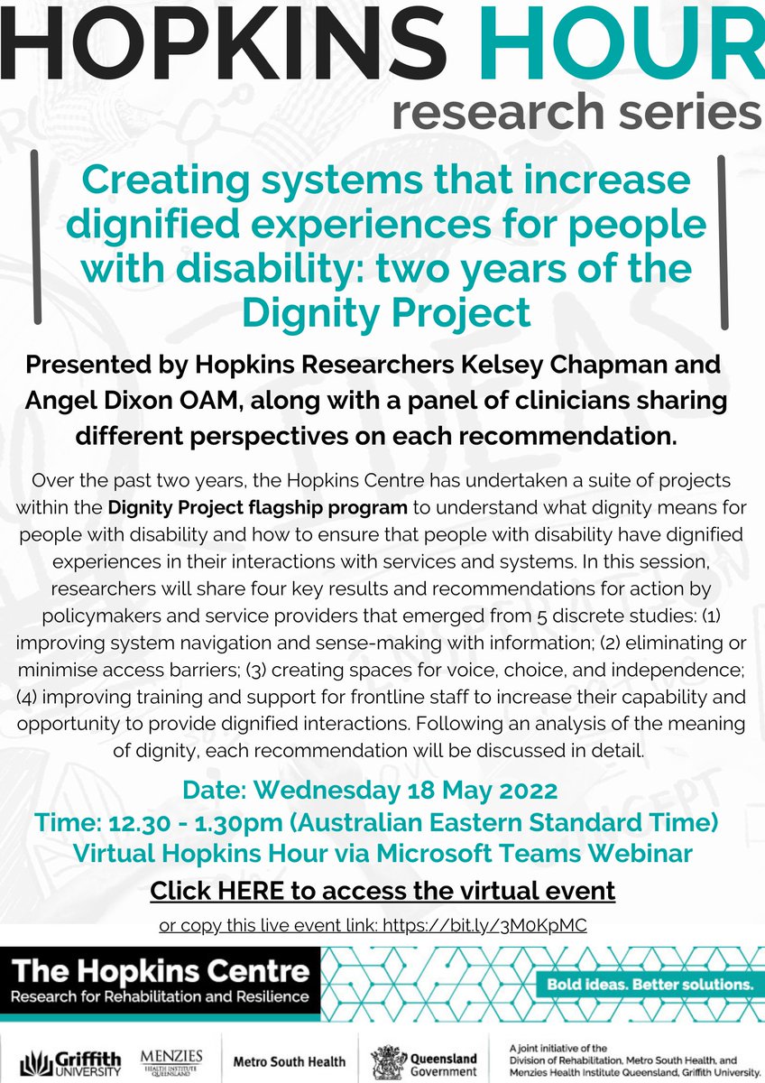 hopkins_centre's tweet photo. Tune in at 12.30pm tomorrow Thursday 18 May for the FREE #HopkinsHour #research seminar. Hear from Hopkins researchers and clinicians about creating #systems that increase #diginified experiences for people with disability #TheDignityProject
Event link: https://t.co/i21u0bK3YD https://t.co/T3ngnWVXwf
