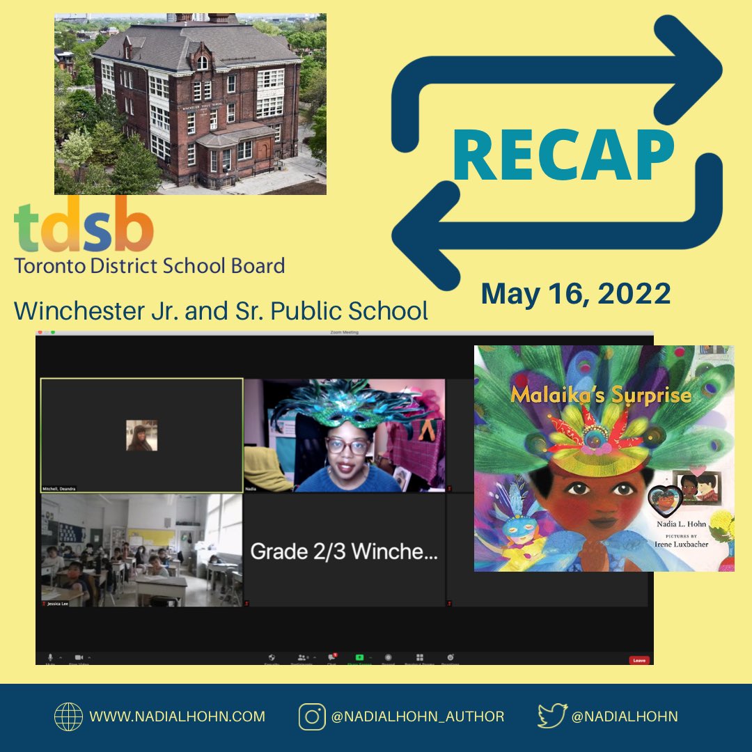 nadialhohn's tweet photo. #RECAPnlh May 16, 2022

This week, I had the pleasure of presenting to #WinchesterPublicSchool. Thanks to the #WritersintheSchool @twuc grant for making this possible.

  #writerlylife #schoolpresentations #MalaikasSurprise  @groundwoodbooks @TDSB_WinPS @DeAndraMitchel1 https://t.co/7ELC1tMSNK