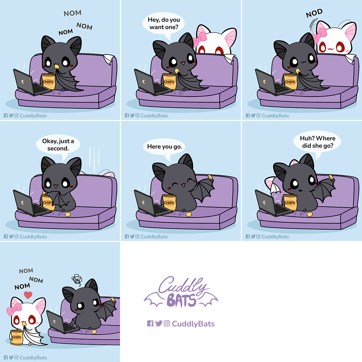 CuddlyBats's tweet photo. Always stealing food 🙂💜 © Cuddly Bats #cuddlybats #cutebat #batcouple #kawaiibat #couplecomic #albinobat #hungrybat #funnybat https://t.co/G7IUPsB6TA