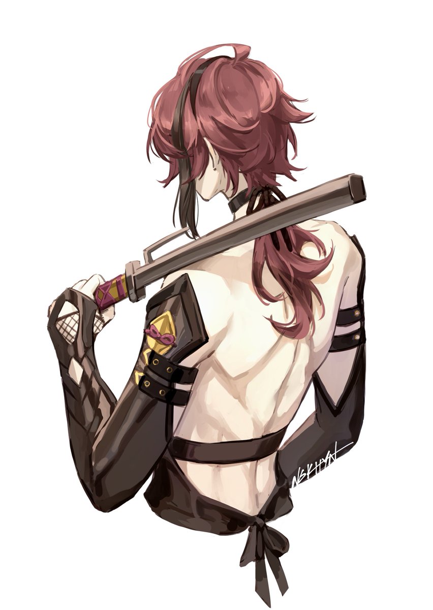 1boy male focus red hair solo weapon white background low ponytail  illustration images