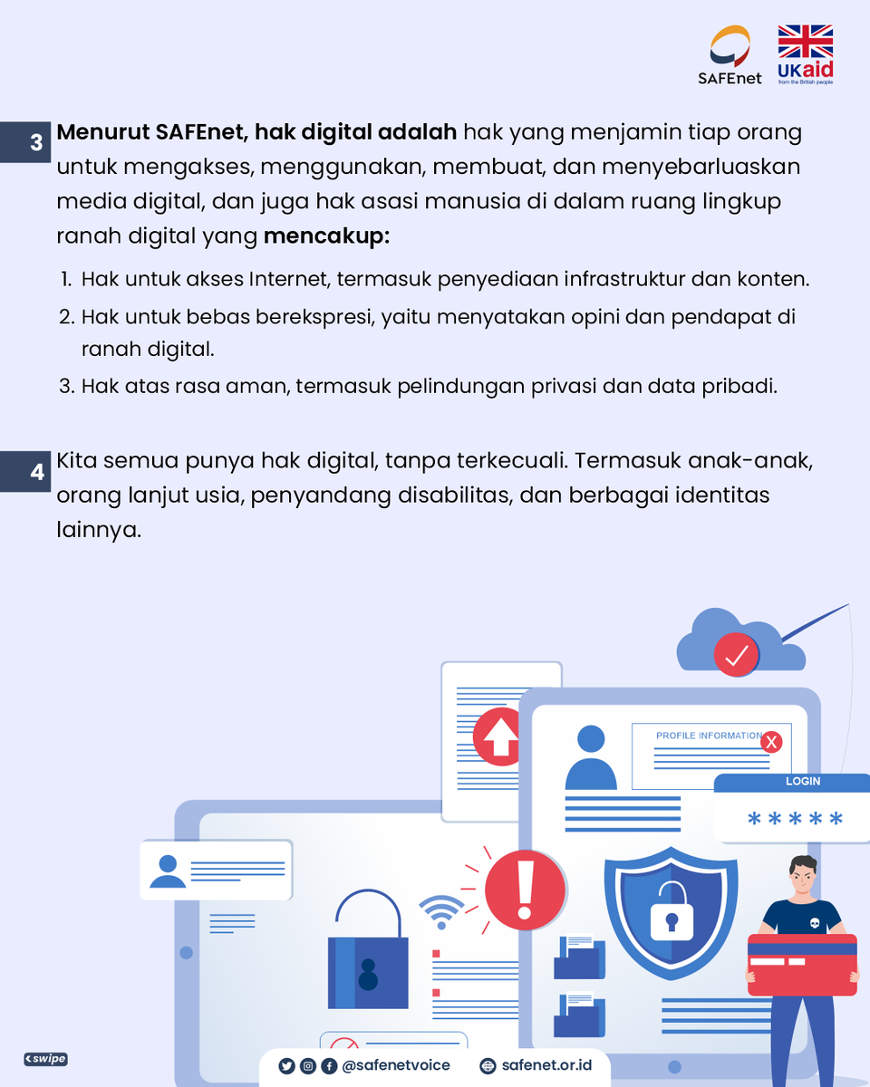 safenetvoice's tweet photo. Kita semua punya hak digital.
Tanpa terkecuali.
Termasuk anak-anak, orang lanjut usia, penyandang disabilitas, dan berbagai identitas lainnya.
Kunjungi https://t.co/ozsnzE1G9k untuk info seputar #HakDigital
#SAFEnet https://t.co/4HHqsPxWnt