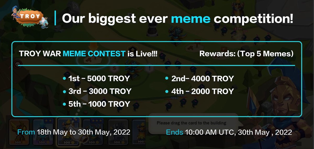 🥳Welcome to TROY WAR MEME Competition!!!

💎Create a meme and use Hashtag #Troywarmemecontest 
🎉Post in our Telegram and Twitter with Hashtag!!
t.me/TroyTrade_Offi…

🚀🚀Waiting for your big prize!
Lets go guys🤗🤗🤗🤗