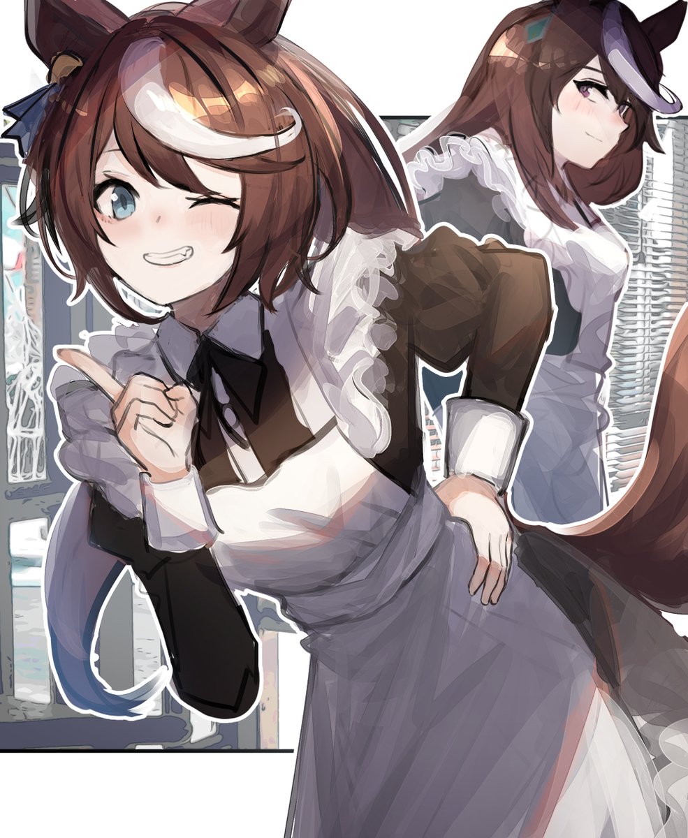 symboli rudolf (umamusume) ,tokai teio (umamusume) multiple girls 2girls brown hair animal ears horse ears tail one eye closed  illustration images