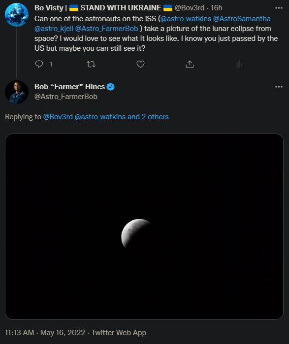 redditSpaceView's tweet photo. The lunar eclipse from the ISS, courtesy of Farmer Bob, one of the SpaceX astronauts. (holy crap an astronaut replied to my tweet this is amazing)  https://t.co/rKaO4CUdYm https://t.co/R7MWrGph3h