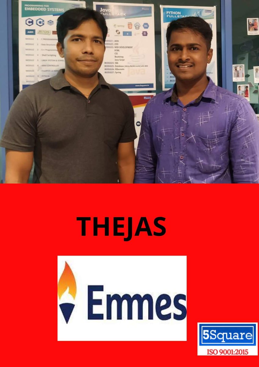 5squareblr's tweet photo. Congratulations to THEJAS who got placed in "Emmes services pvt ltd". We Wish him all the success in his career.
#5square #placement #embedded #python #java https://t.co/5HBLeTyGgu