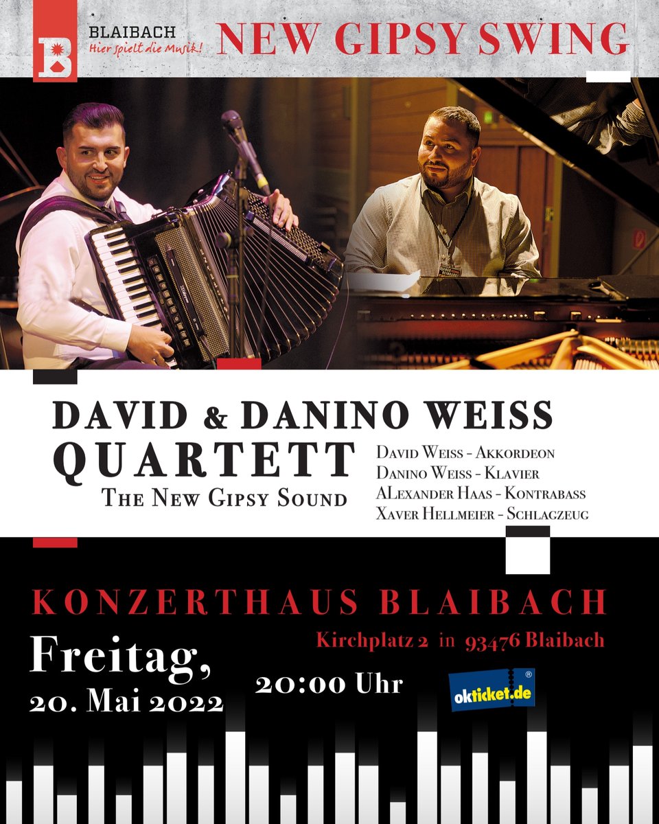 Gipsy Swing in Blaibach erleben!?!
20.05.2022, 20 Uhr im Konzerthaus Blaibach 
<a href="/mz_de/">Mittelbayerische</a> 
<a href="/gipsy/">gipSy</a> <a href="/swing/">swing</a> <a href="/jazzfm/">Jazz FM</a> <a href="/jazzahead/">jazzahead!</a> <a href="/konzerthaus2014/">Konzerthaus Blaibach</a> <a href="/AllAboutJazz/">All About Jazz</a> <a href="/jazz/">Jasmine</a> 
Tickets:
okticket.de/tickets-david-…