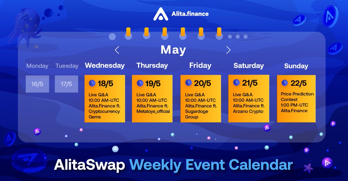 🧨AlitaSwap Weekly Events 🧨

The new week is here, All Alitians!

 💵Note the dates

💵Be prepared with knowledge and experiences about #defi to get rewards

Let’s go! 
#Alitafinance always accompanies you!