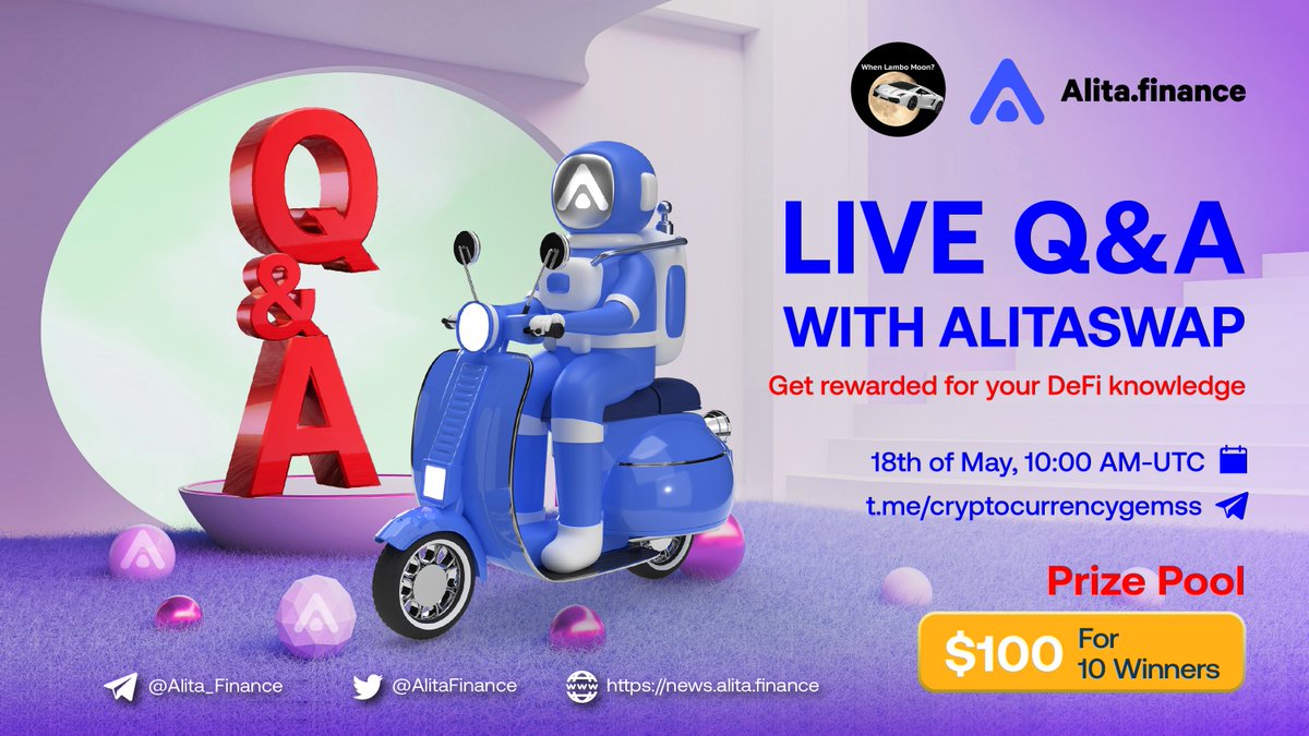 ❣️Hey, Alitians! 

We have an #Alitafinance team exchange appointment in 10 minutes!

Do you remember what to do to win attractive rewards from us? 

Join us to know more!

🏠Venue: t.me/cryptocurrency…
⏰18 May, 10:00 AM - UTC 
🏆$100 in prizes