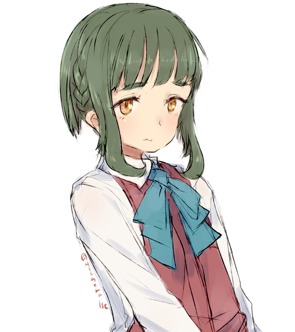 takanami (kancolle) 1girl solo green hair short hair white background braid simple background  illustration images