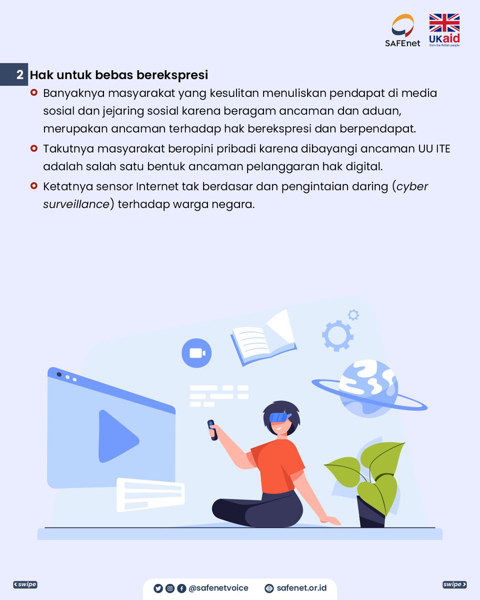 safenetvoice's tweet photo. Kenali #HakDigital Kita
#SAFEnet mencatat beberapa ancaman dan pelanggaran hak digital pada 3 ranah pemenuhan hak digital di Indonesia:
Hak untuk Akses Internet
Hak untuk Bebas Berekspresi
Hak atas Rasa Aman
Kunjungi https://t.co/ozsnzE1G9k untuk info seputar #HakDigital https://t.co/2mRVcwLjeF