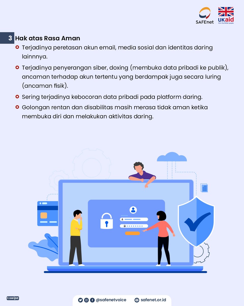 safenetvoice's tweet photo. Kenali #HakDigital Kita
#SAFEnet mencatat beberapa ancaman dan pelanggaran hak digital pada 3 ranah pemenuhan hak digital di Indonesia:
Hak untuk Akses Internet
Hak untuk Bebas Berekspresi
Hak atas Rasa Aman
Kunjungi https://t.co/ozsnzE1G9k untuk info seputar #HakDigital https://t.co/2mRVcwLjeF