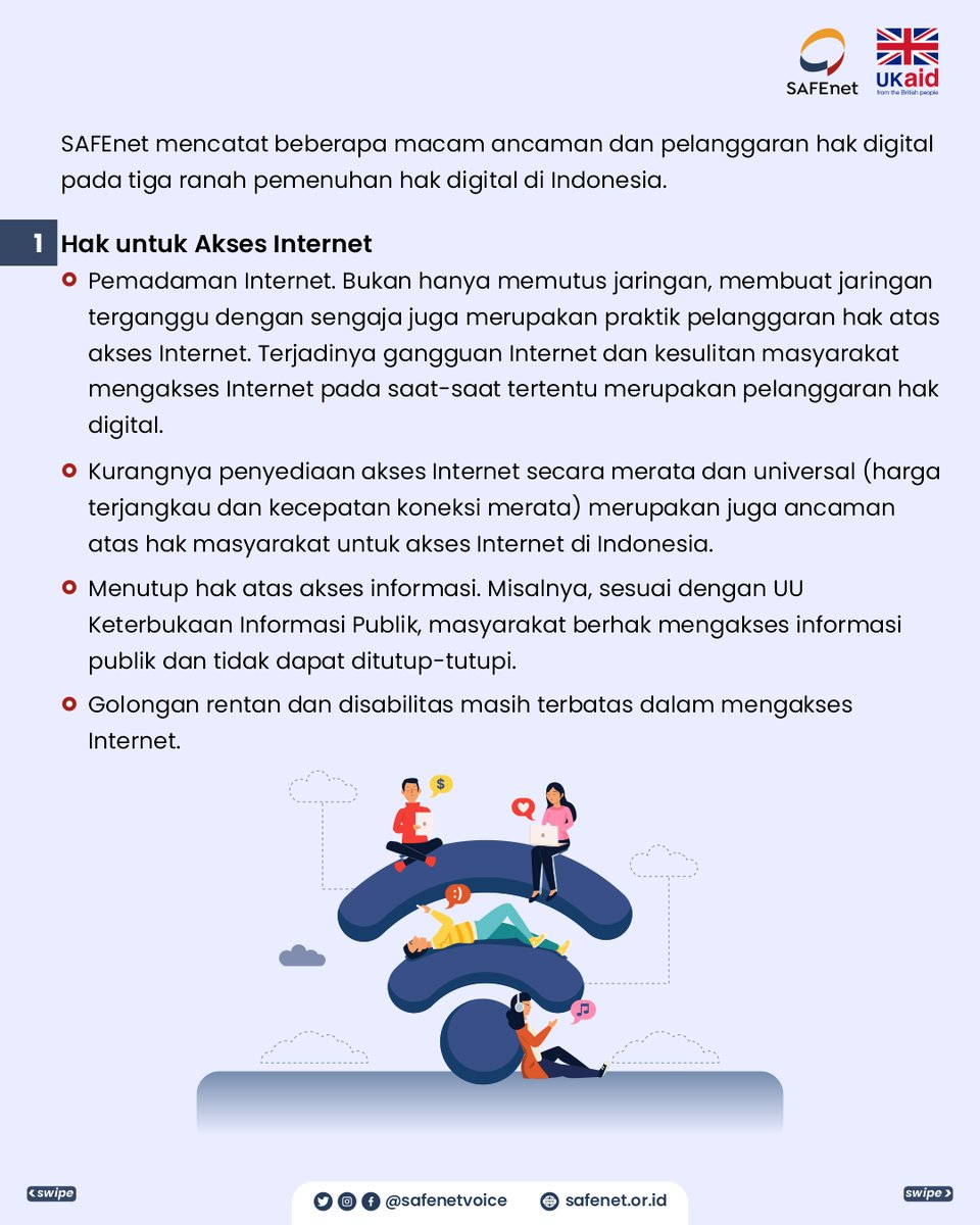 safenetvoice's tweet photo. Kenali #HakDigital Kita
#SAFEnet mencatat beberapa ancaman dan pelanggaran hak digital pada 3 ranah pemenuhan hak digital di Indonesia:
Hak untuk Akses Internet
Hak untuk Bebas Berekspresi
Hak atas Rasa Aman
Kunjungi https://t.co/ozsnzE1G9k untuk info seputar #HakDigital https://t.co/2mRVcwLjeF