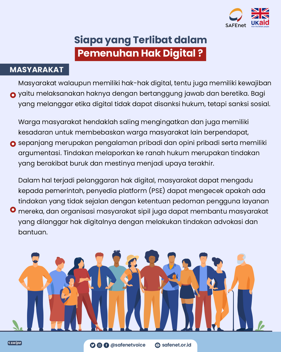 safenetvoice's tweet photo. Siapa yang terlibat dalam pemenuhan hak digital?
Kunjungi https://t.co/ozsnzEjhxU untuk info seputar #HakDigital
#SAFEnet https://t.co/7w2oXdde6g