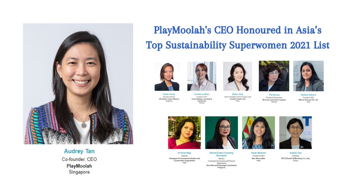 playmoolah's tweet photo. A shoutout to our Co-Founder and CEO, 
@audreytan, for being one of the ten awardee of Asia's Top Sustainability Superwomen among 52 nominees. Congratulations to all the other ladies who have been nominated on the list too!

Check out the link below:

https://t.co/oQNf3VnA5a https://t.co/A62Pk8Z2zJ