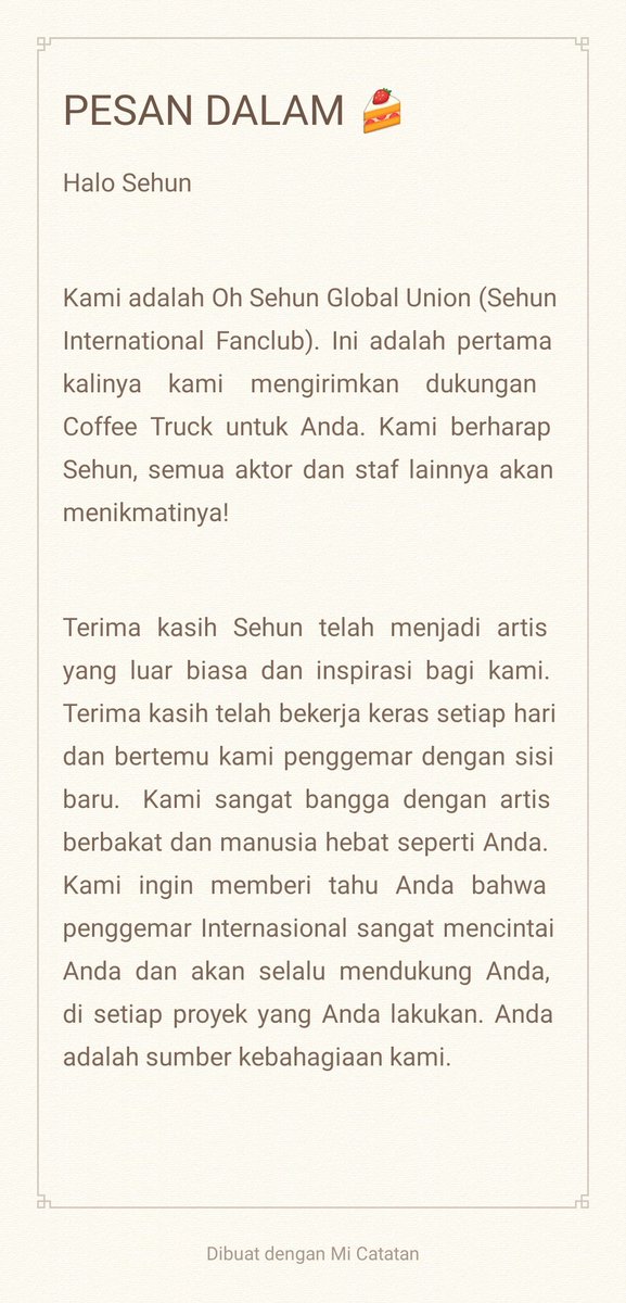 xunqi_indonesia's tweet photo. 우리가 사랑했던 모든 것: CAKE &amp; LETTER FOR SEHUN

Pesan di kue: Sehun akan selalu menjadi No 1 kami #노빠꾸 (#ThereIsNoTurningBack)

#AllForSehun🧡 https://t.co/5rjB3fgI40 https://t.co/c8uORzMfsw