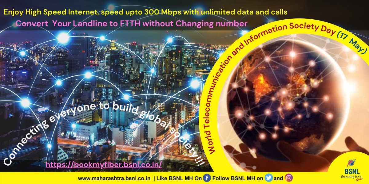 cgm_mh_bsnl's tweet photo. World Telecommunication Day is celebrated to raise global awareness about the use of Internet and Information and Communication Technologies in society. #happyworldtelecommunicationday #bsnl #ftth @BSNLCorporate https://t.co/WebQc1yhXU
