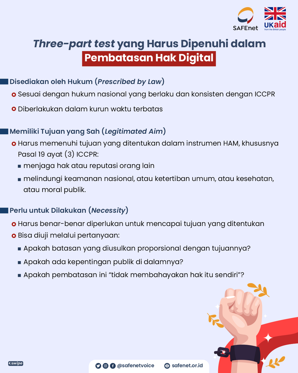 safenetvoice's tweet photo. Pembatasan Hak Digital Harus Sesuai HAM
Kunjungi https://t.co/ozsnzEjhxU untuk info seputar #HakDigital
#SAFEnet https://t.co/HXn6jebH6l