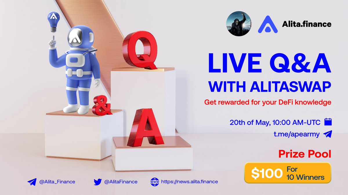 ⌛️@apearmy is honored to host today's meeting.

⏳Our LIVE Q&amp;A is starting in 10 minutes.

🪫This event is free and open to the public. You will explore more about #defi &amp; get profits!

🏠Venue: t.me/apearmy
⏰20 May, 10:00 AM - UTC 
🏆$100 in rewards